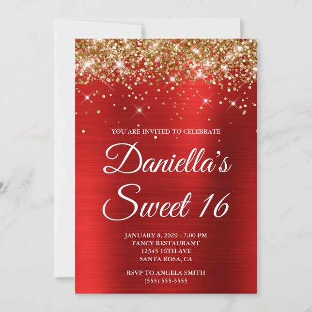 Invitación Gold Glitter Bright Red Foil Sweet 16 (Anverso)