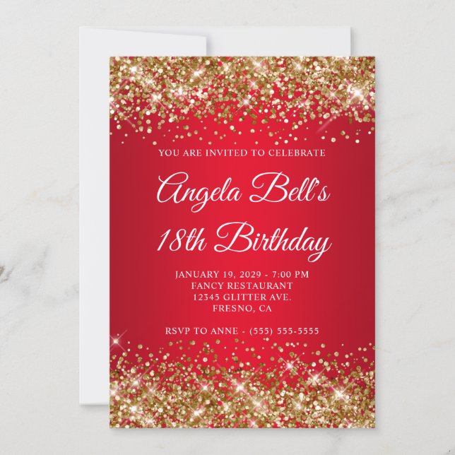 Invitación Gold Glitter Bright Red Ombre 18th Birthday (Anverso)