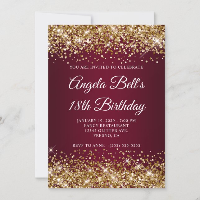 Invitación Gold Glitter Burgundy Ombre 18th Birthday (Anverso)