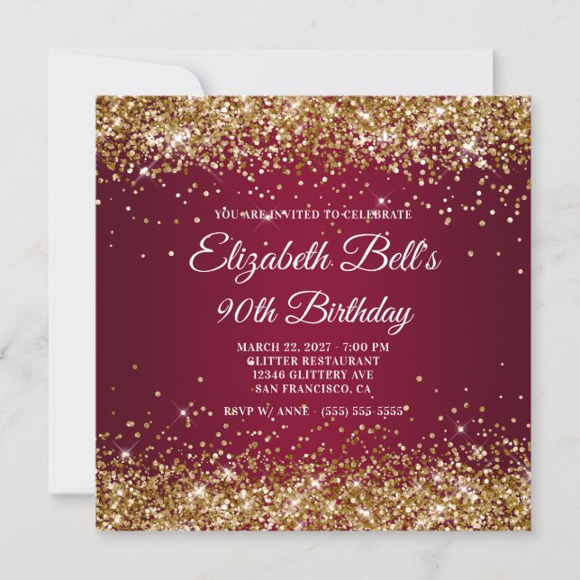 Invitación Gold Glitter Burgundy Ombre 90th Birthday (Anverso)