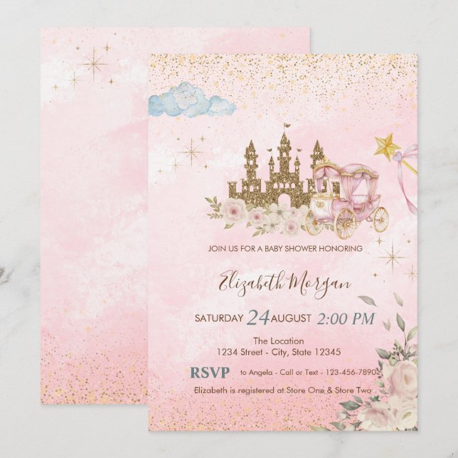 Invitación Gold Glitter Castle,FlowersCarriage Baby Shower  (Anverso / Reverso)