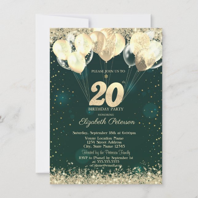 Invitación Gold Glitter Confetti Balloons Green 20th Birthday (Anverso)