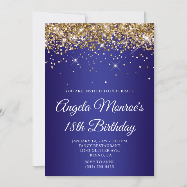 Invitación Gold Glitter Deep Blue Gradient 18th Birthday (Anverso)