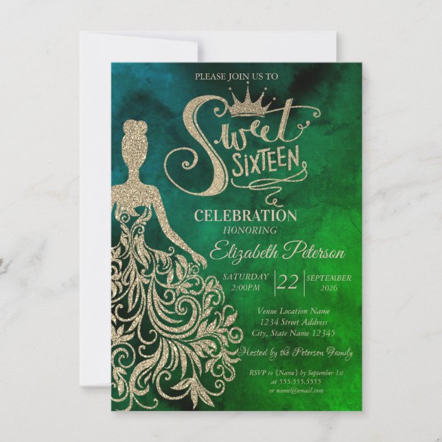 Invitación Gold Glitter Dress,Diamonds Watercolor Green  (Anverso)