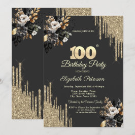 Invitación Gold Glitter Drips Black Roses Dark 100th