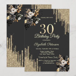 Invitación Gold Glitter Drips Black Roses Dark 30th Birthday 