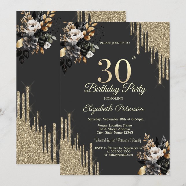 Invitación Gold Glitter Drips Black Roses Dark 30th Birthday  (Anverso / Reverso)