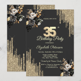Invitación Gold Glitter Drips Black Roses Dark 35th Birthday