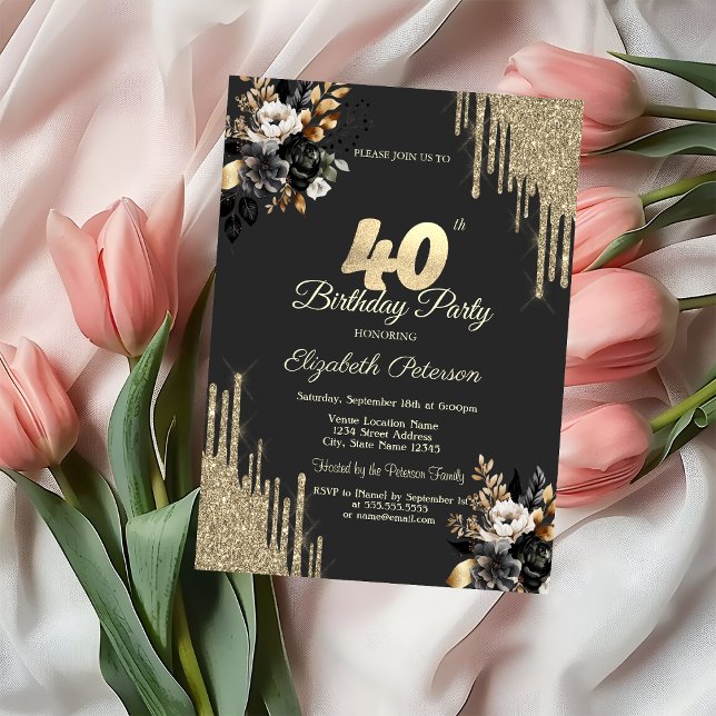 Invitación Gold Glitter Drips Black Roses Dark 40th Birthday (Subido por el creador)