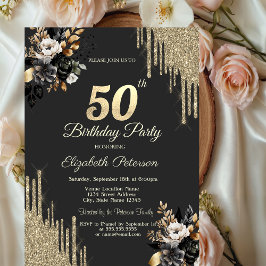 Invitación Gold Glitter Drips Black Roses Dark 50th Birthday 