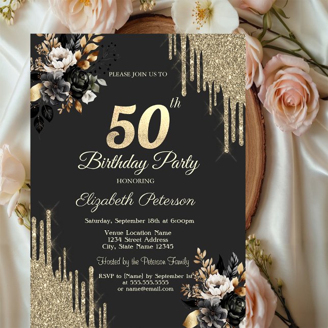 Invitación Gold Glitter Drips Black Roses Dark 50th Birthday  (Subido por el creador)
