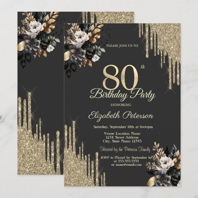 Invitación Gold Glitter Drips Black Roses Dark 80th Birthday (Anverso / Reverso)