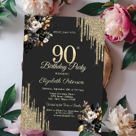 Invitación Gold Glitter Drips Black Roses Dark 90th Birthday