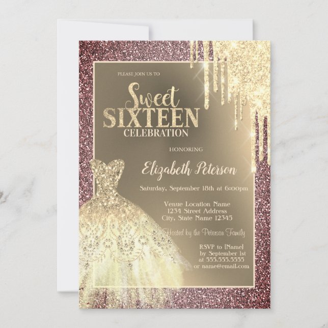 Invitación Gold Glitter Drips,Dress Glitter Sweet 16 (Anverso)