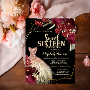 Invitación Gold Glitter Drips,Dress Red Roses Sweet 16