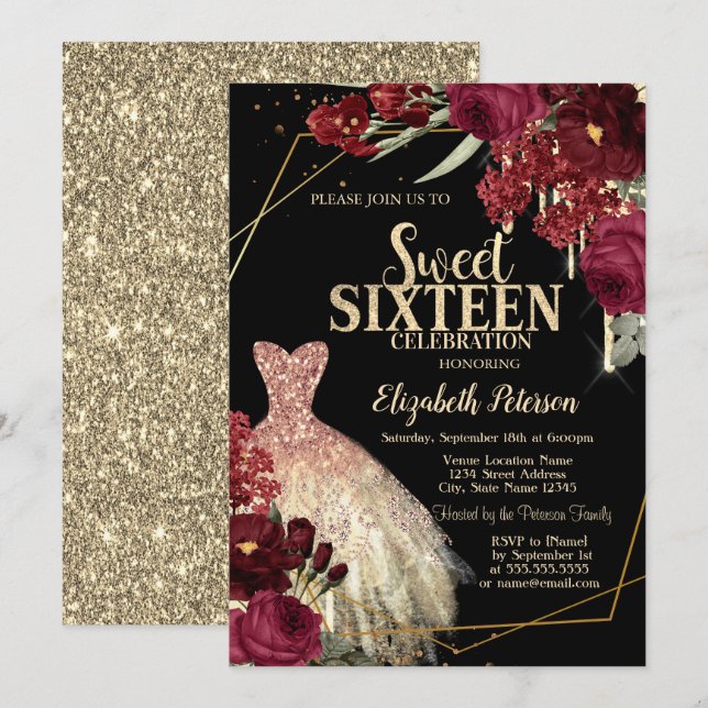 Invitación Gold Glitter Drips,Dress Red Roses Sweet 16 (Anverso / Reverso)