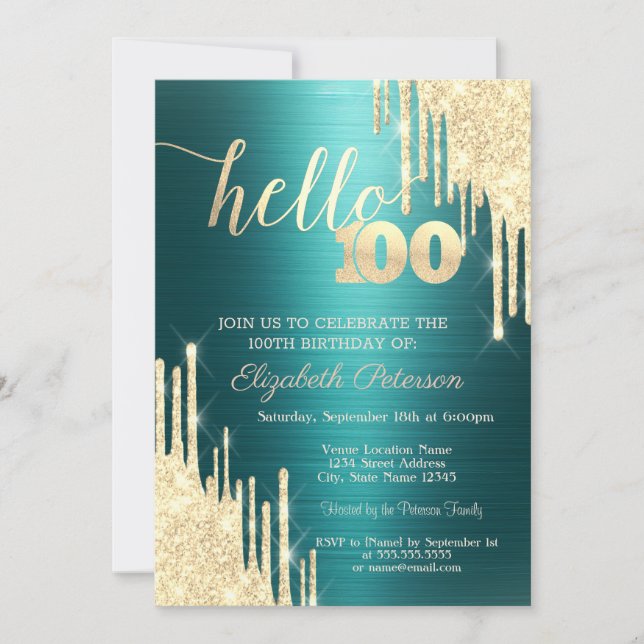 Invitación Gold Glitter Drips Green Metallic 100th Birthday (Anverso)