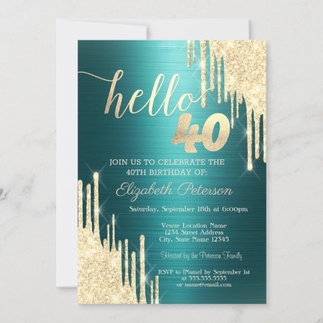 Invitación Gold Glitter Drips Green Metallic 40th Birthday (Anverso)