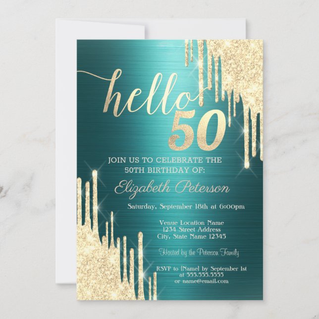 Invitación Gold Glitter Drips Green Metallic 50th Birthday (Anverso)
