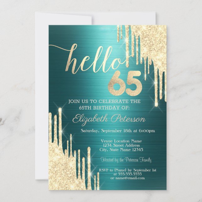 Invitación Gold Glitter Drips Green Metallic 65th Birthday (Anverso)