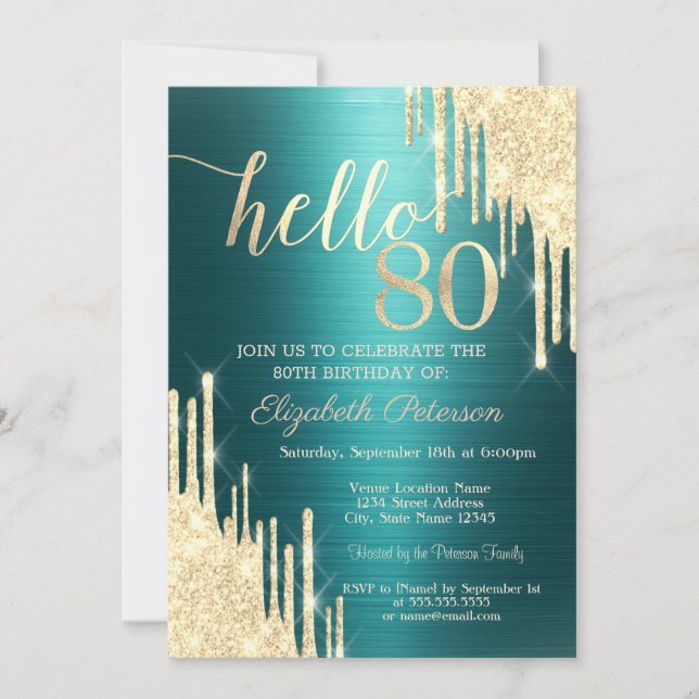 Invitación Gold Glitter Drips Green Metallic 80th Birthday (Anverso)