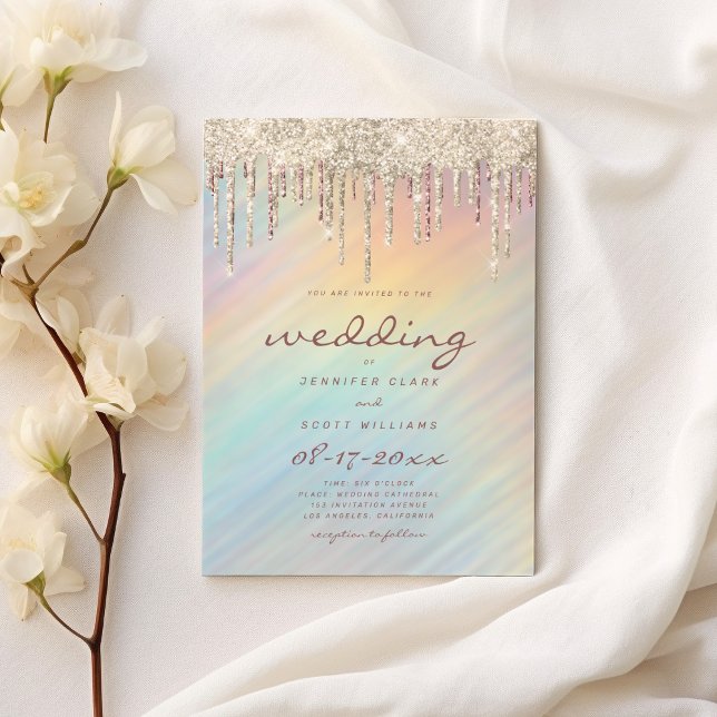 Invitación Gold Glitter Drips Rainbow Holographic Wedding (Subido por el creador)