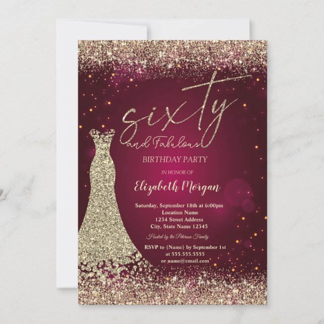 Invitación Gold Glitter Dust Border Dress Red 60th Birthday  (Anverso)