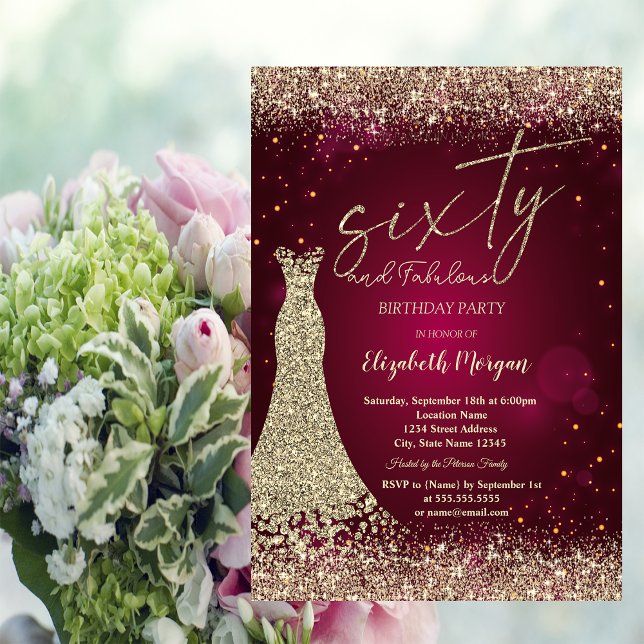 Invitación Gold Glitter Dust Border Dress Red 60th Birthday  (Subido por el creador)