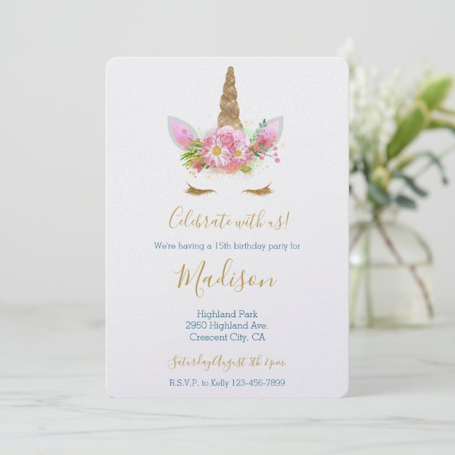 Invitación Gold Glitter Eyelash Pink Floral Unicorn Birthday (Anverso de pie)