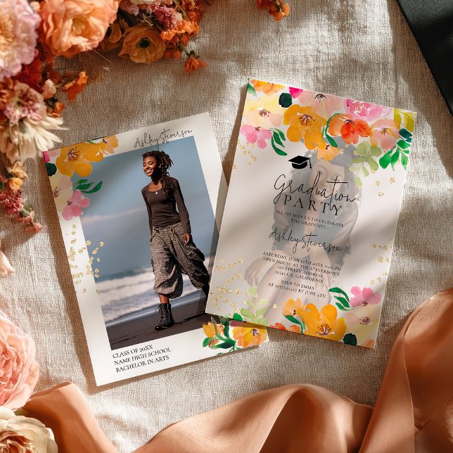 Invitación Gold glitter floral photo botanical graduation (Gold glitter floral photo botanical graduation invitation)