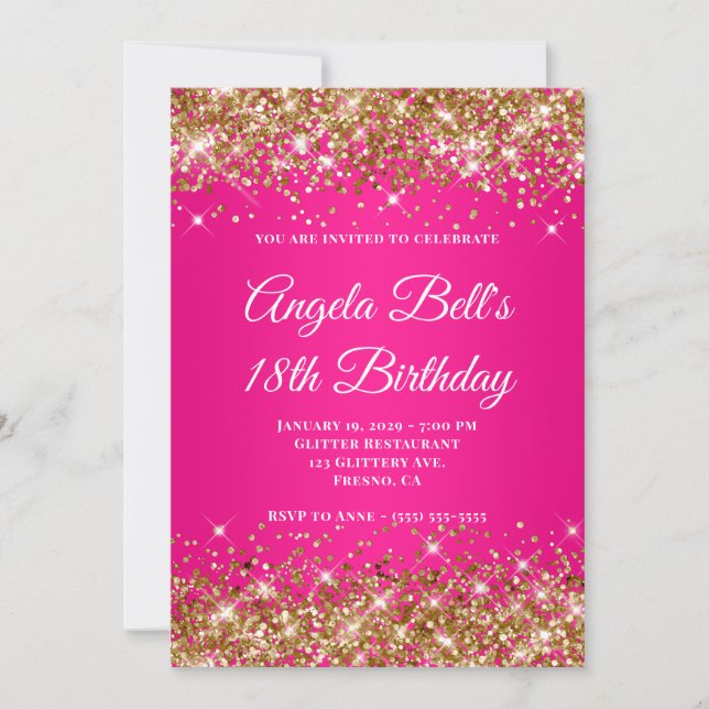 Invitación Gold Glitter Hot Pink Ombre Monogram 18th Birthday (Anverso)