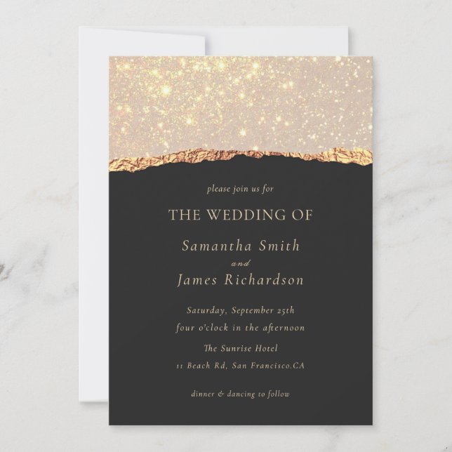 Invitación Gold Glitter Marble Black Wedding  (Anverso)