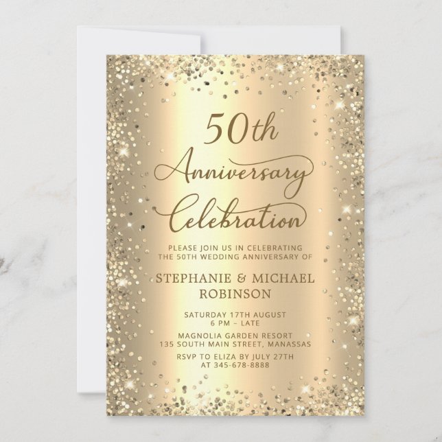 Invitación Gold Glitter Metallic 50th Wedding Anniversary (Anverso)