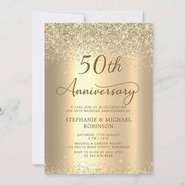 Invitación Gold Glitter Metallic 50th Wedding Anniversary (Anverso)