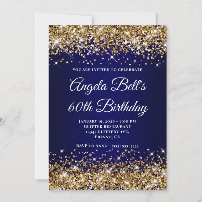 Invitación Gold Glitter Navy Blue Ombre 60th Birthday (Anverso)
