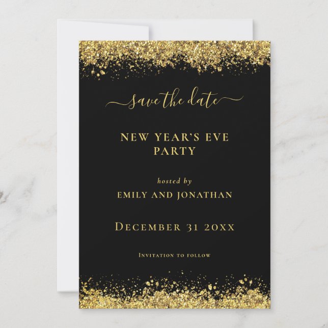 Invitación Gold Glitter New Year Party Black Save Date card (Anverso)