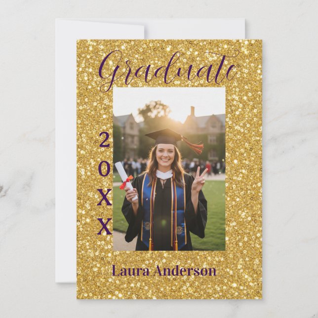 Invitación Gold glitter photo graduation add name class text (Anverso)
