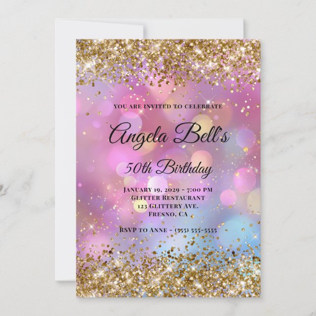 Invitación Gold Glitter Pink Bokeh (Anverso)