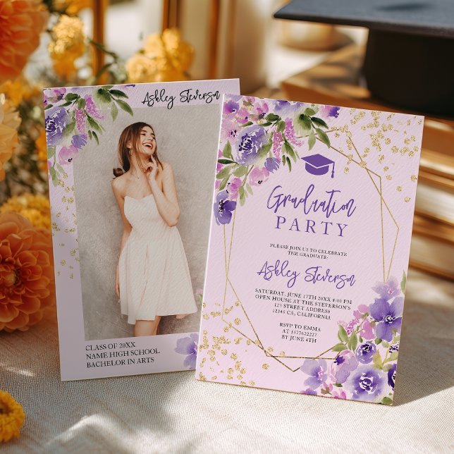 Invitación Gold glitter Purple girly floral photo graduation (Gold glitter Purple girly floral photo graduation Invitation)