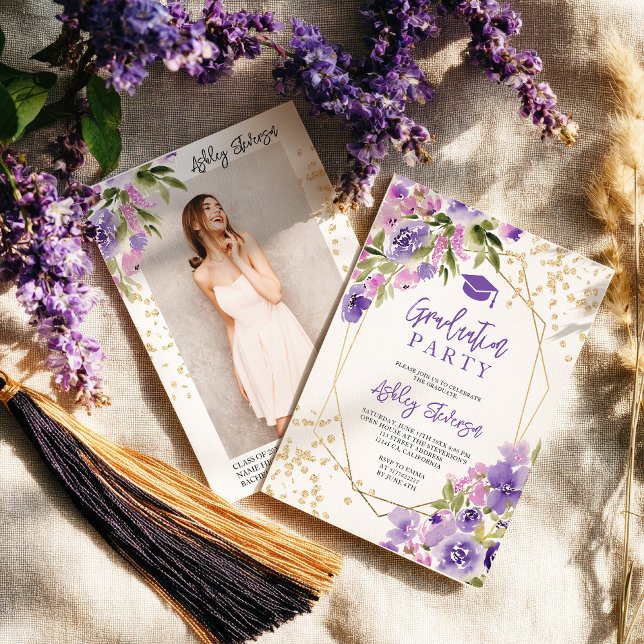 Invitación Gold glitter Purple girly floral photo graduation (Gold glitter Purple girly floral photo graduation Invitation)