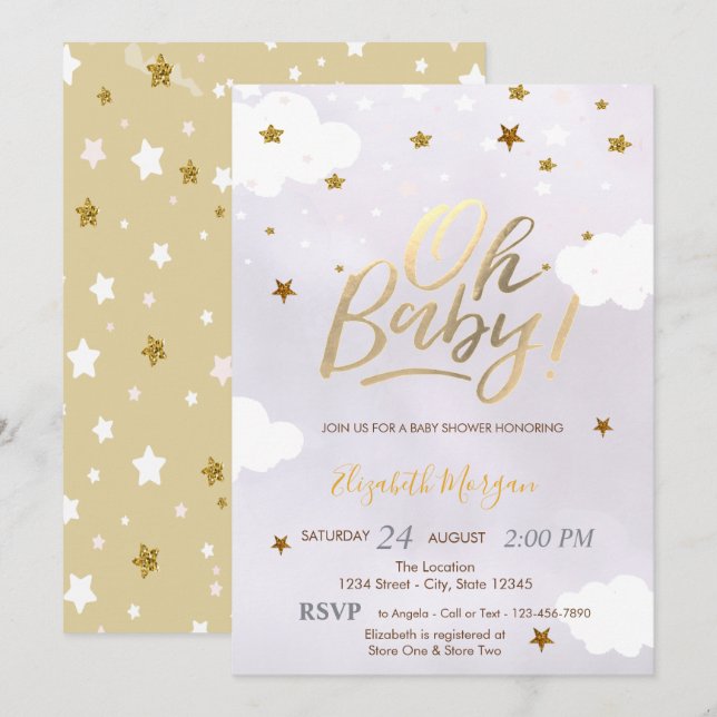 Invitación Gold Glitter Stars Clouds Lavender Baby Shower  (Anverso / Reverso)