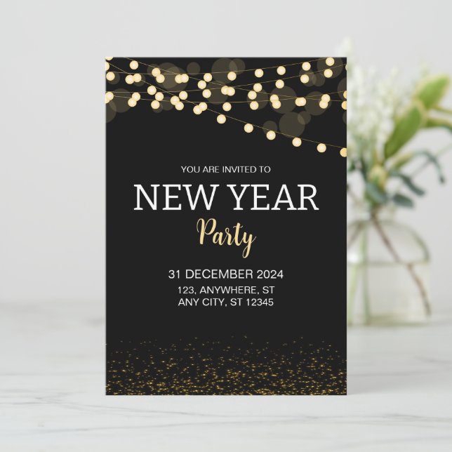 Invitación Gold Glitter String Lights New Year's Eve Party (Anverso de pie)