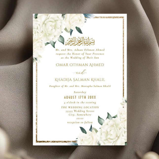 Invitación Gold Glitter White Floral Islamic Muslim Wedding (Subido por el creador)