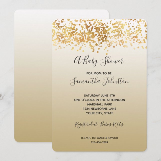 Invitación Gold Glitzy Confetti Ombre Baby Shower (Anverso / Reverso)