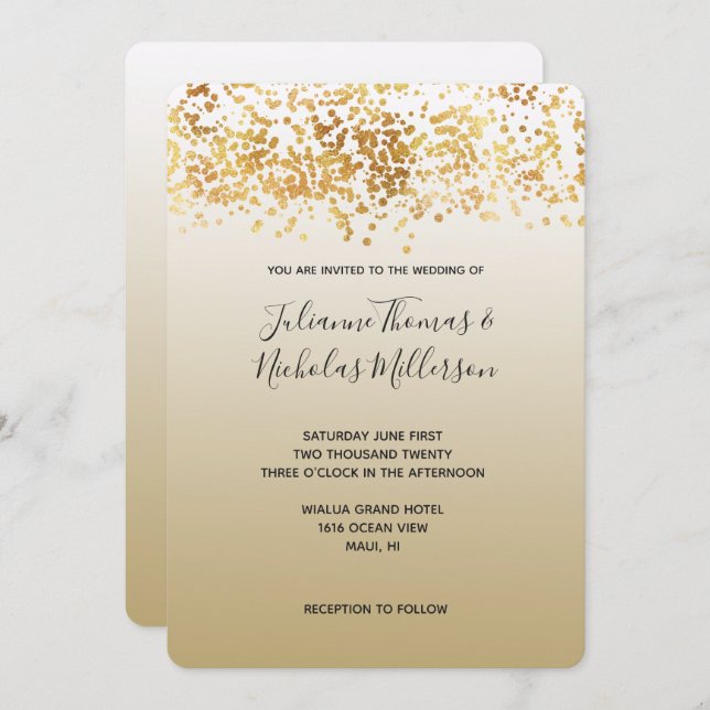 Invitación Gold Glitzy Confetti Ombre Boda (Anverso / Reverso)