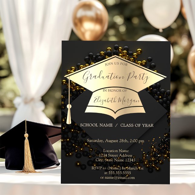 Invitación Gold Graduation Cap,Balloons Black Graduation (Subido por el creador)