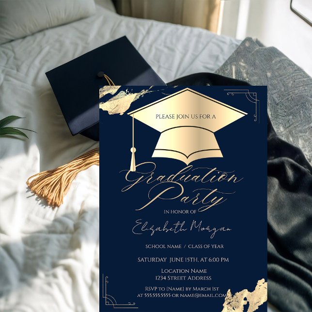 Invitación Gold Graduation Cap Frame Gold Brush Stroke Blue (Subido por el creador)