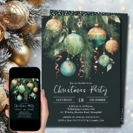 Invitación Gold Green Christmas Tree Ornaments Party