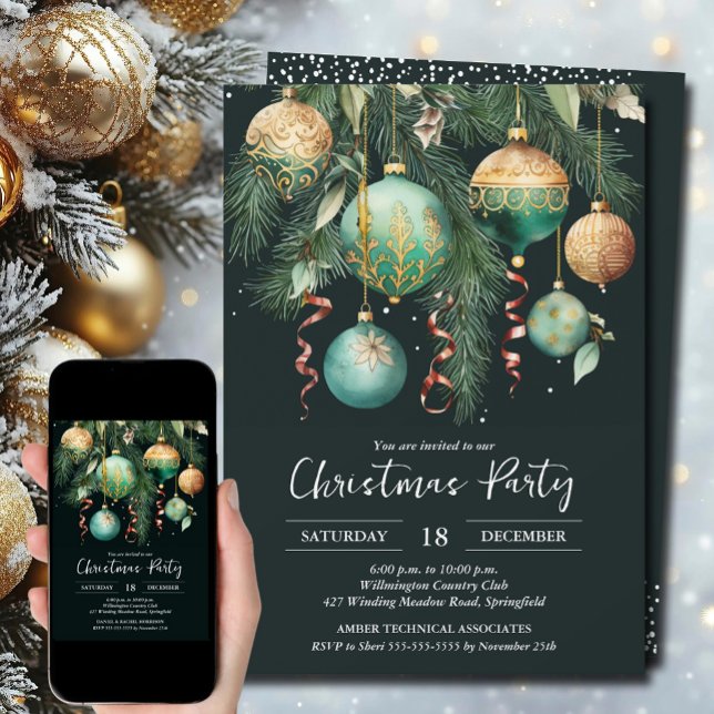 Invitación Gold Green Christmas Tree Ornaments Party (Gold and green Christmas tree ornaments party invitations, PRINTED and/or INSTANT DOWNLOAD)