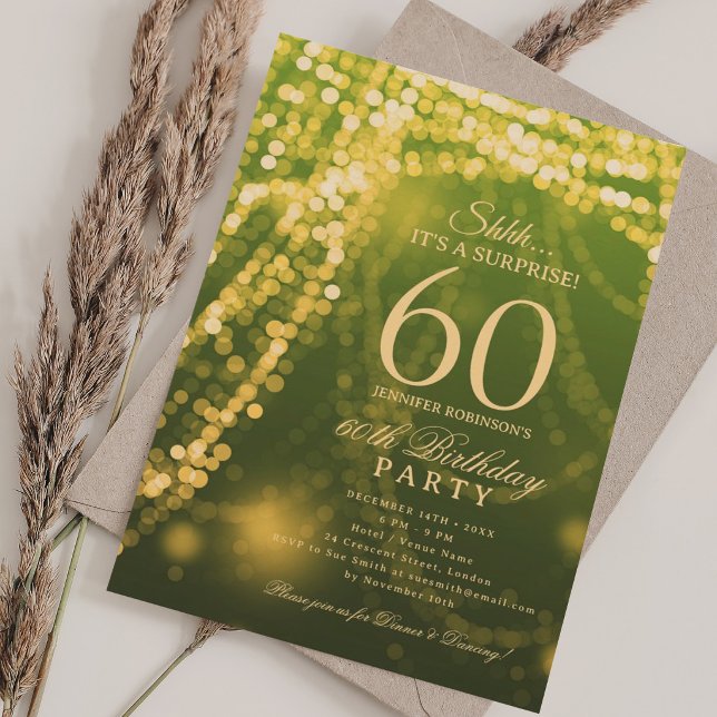Invitación Gold Green | Fiesta Sorpresa de 60 Cumpleaños  (Gold Green | Surprise 60th Birthday Party Invitation)